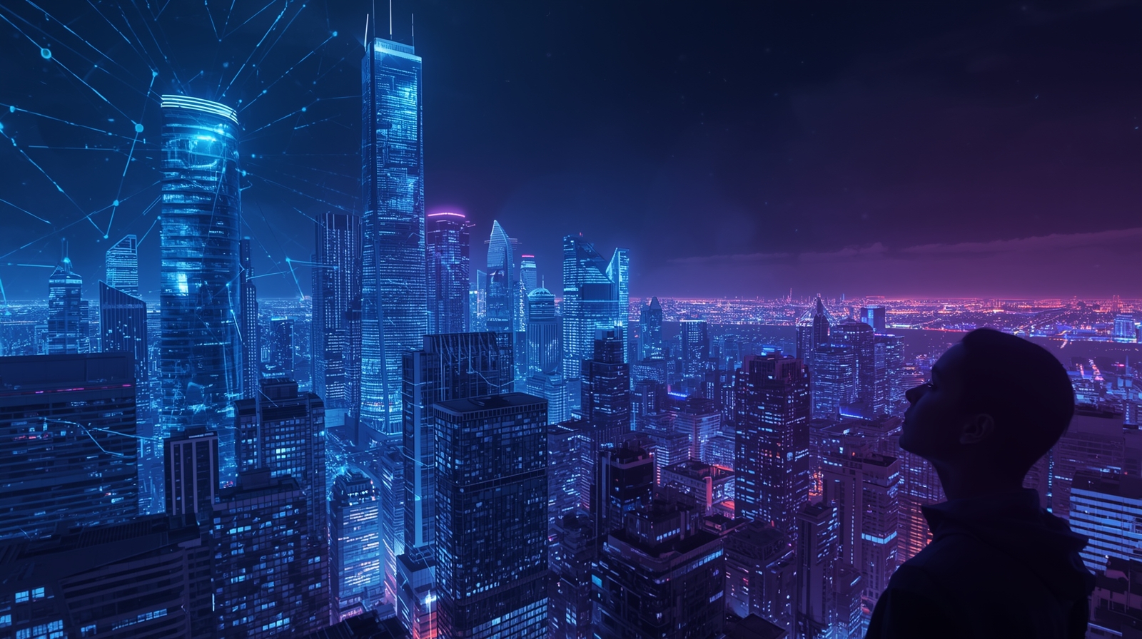 Futuristic city blended with digital neural patterns representing AI’s quiet transformation.